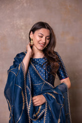 Teal Blue Banarasi Pair With Organza Dupatta