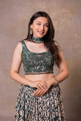 Printed Pleated Skirt, Crop Top and Dupatta