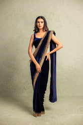 Navy blue velvet saree
