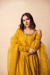 Mustard yellow silk anarkali set