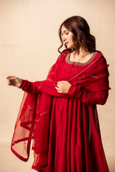 Deep red silk anarkali set