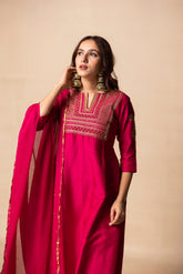Fuchsia pink hand embroidered suit set