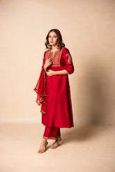 Red silk hand embroidered suit set
