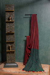 Deep Maroon Cotton Saree with Green Hues