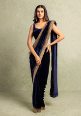 Navy blue velvet saree