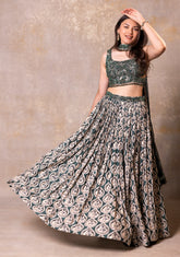 Printed Pleated Skirt, Crop Top and Dupatta