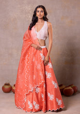 Coral Peach Silk Lehenga