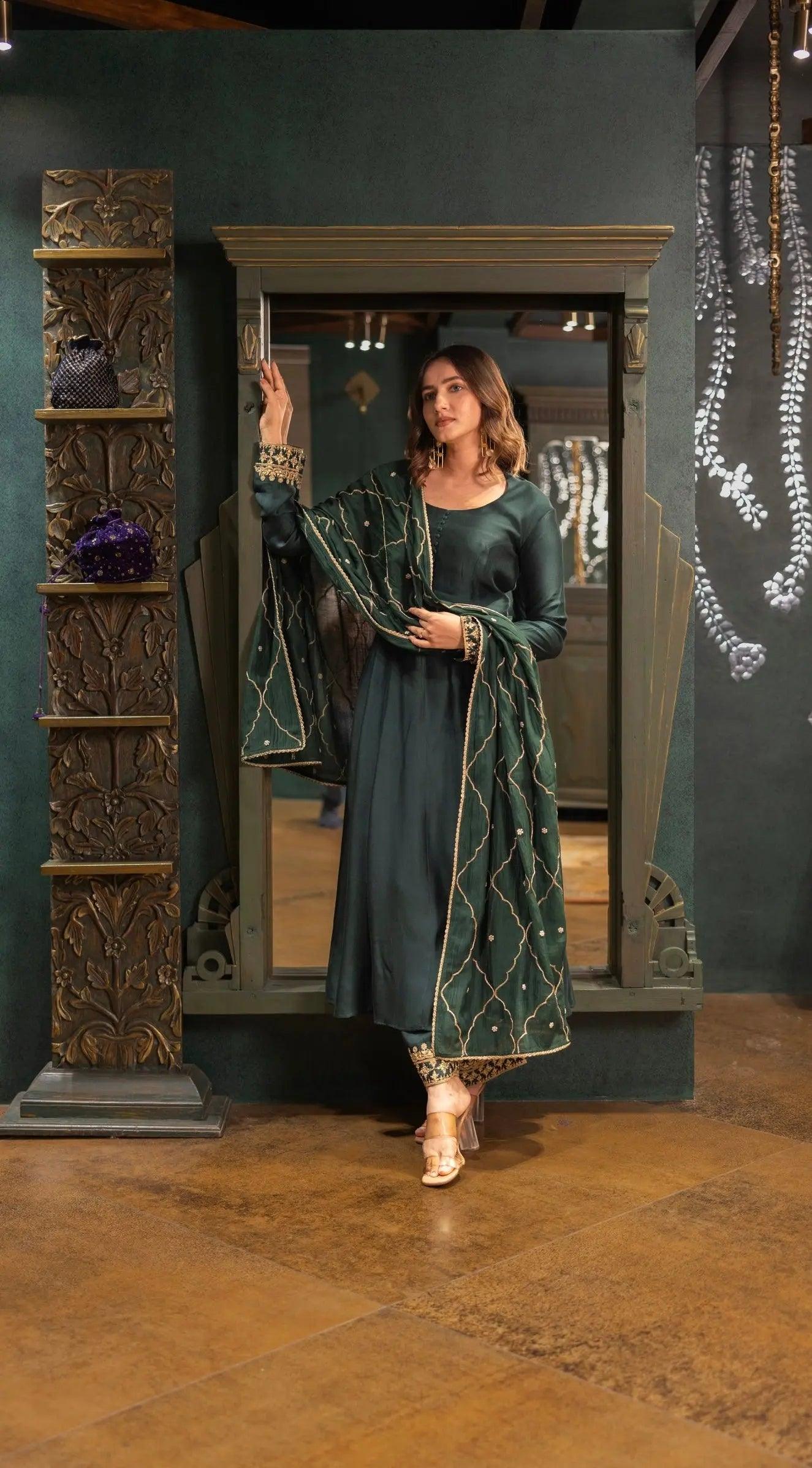 Dark Green Silk Dress with Organza Dupatta | Designer Dress | Achkan XXL Dark Green Silk Dress with Organza Dupatta | Designer Dress | Achkan XXL