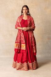 Red silk lehenga, blouse & gaji rai bandhej dupatta