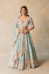 Powder blue silk lehenga with organza dupatta