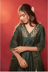 Bottle green chanderi dress