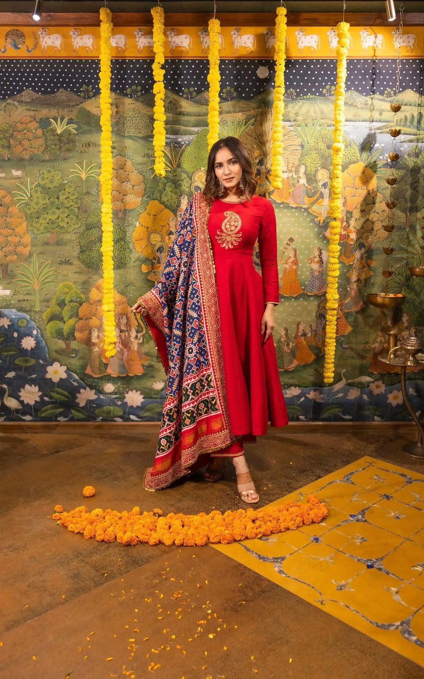 Red Raw Silk Dress with Blue Patola Dupatta