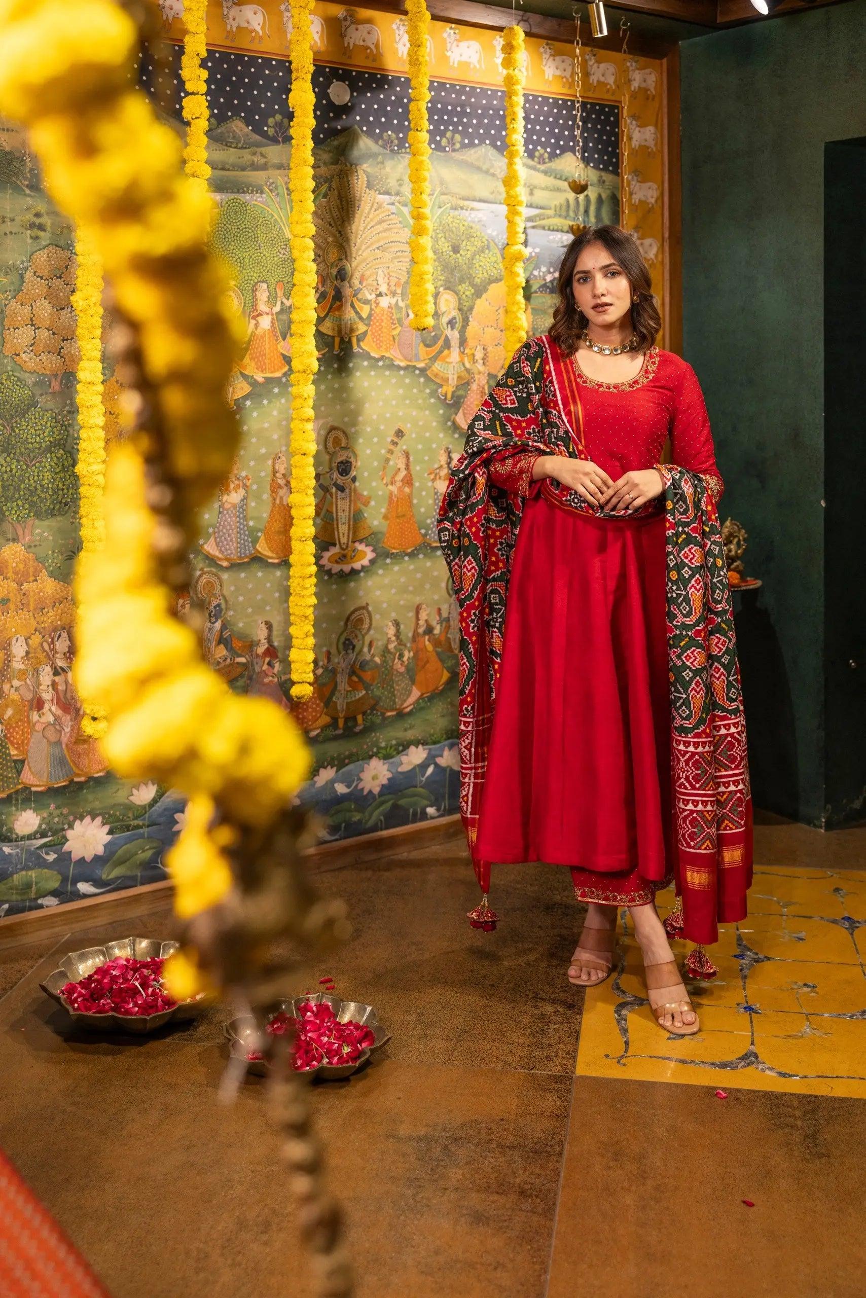 Red Raw Silk Dress with Green Patola Dupatta | Designer Dress S Red Raw Silk Dress with Green Patola Dupatta | Designer Dress S