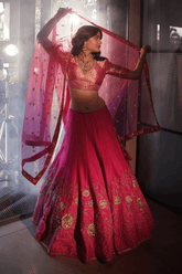 Graceful pink silk lehenga & blouse with net dupatta