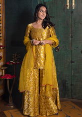 Yellow Banarasi short top & flared palazzo set