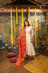 Off-White Silk Dress with Orange Bandhej Dupatta Achkan