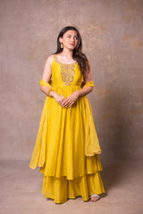 Yellow Soft Chanderi Flare Dress With Dupatta