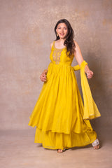 Yellow Soft Chanderi Flare Dress With Dupatta