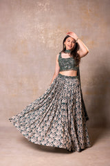 Printed Pleated Skirt, Crop Top and Dupatta