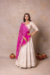 White Silk Lehenga with Pink Bandhej Dupatta