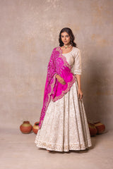 White Silk Lehenga with Pink Bandhej Dupatta