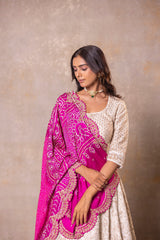 White Silk Lehenga with Pink Bandhej Dupatta
