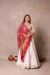 White Lehenga Set with Red Dupatta