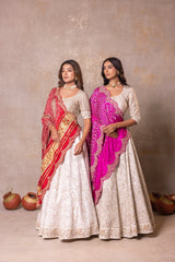White Silk Lehenga with Pink Bandhej Dupatta