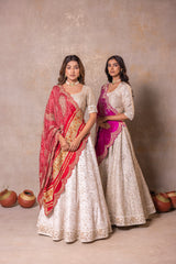 White Silk Lehenga with Pink Bandhej Dupatta