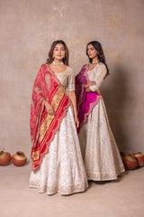 White Silk Lehenga with Pink Bandhej Dupatta