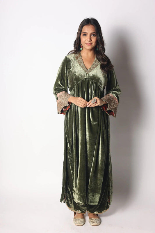 Olive Green Velvet Suit Achkan