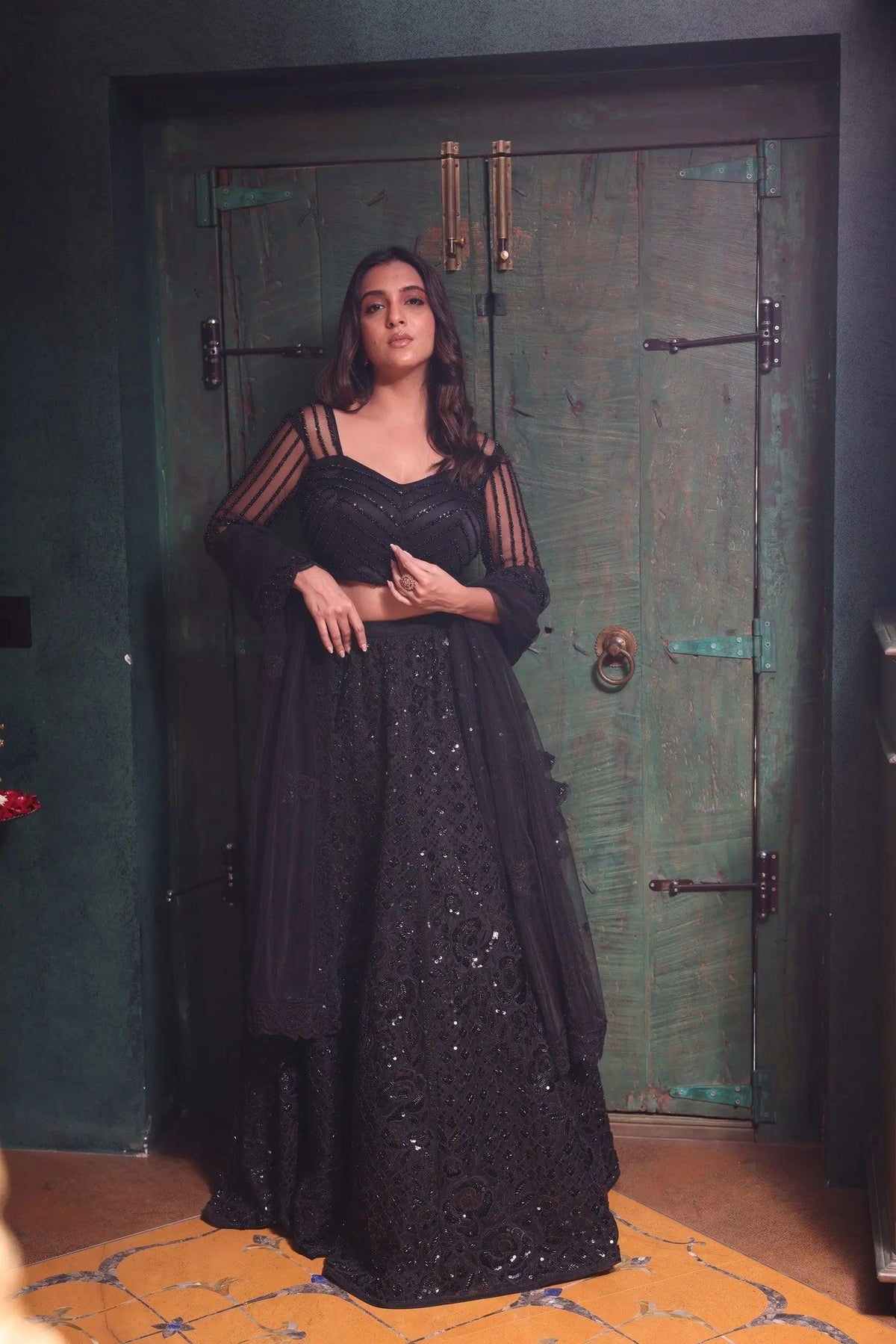Black Sequin Lehenga Set Achkan