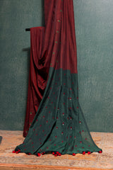 Deep Maroon Cotton Saree with Green Hues