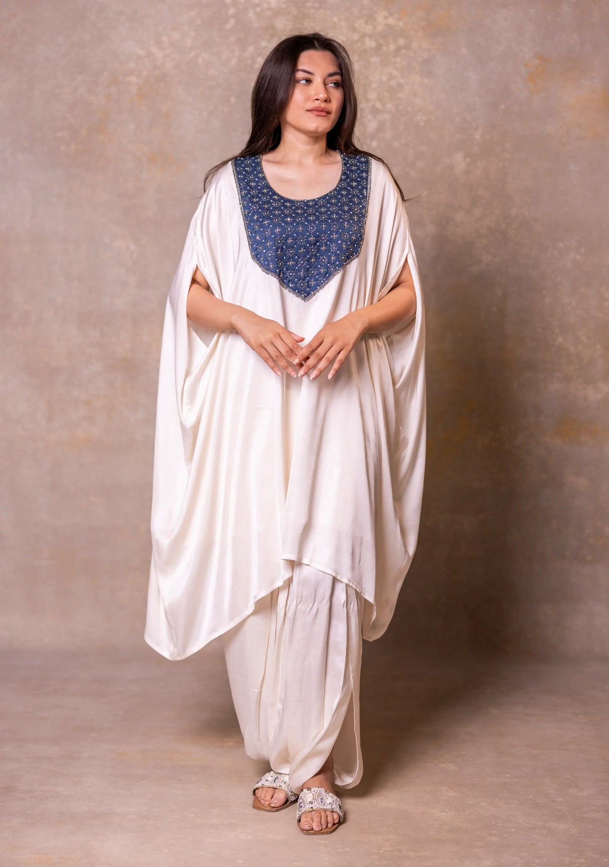 White Kaftan Style Top With Cowl Dhoti