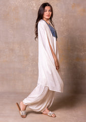 White Kaftan Style Top With Cowl Dhoti
