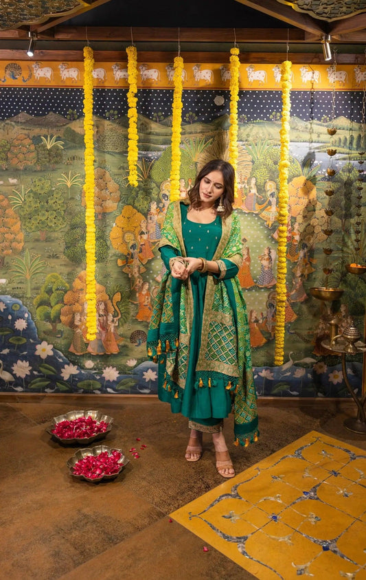 Green Silk Dress with Bandhej Dupatta Achkan