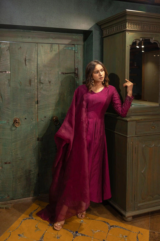 Maroon Silk Dress With Silk Dupatta Achkan