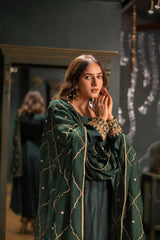 Dark Green Silk Dress with Organza Dupatta Achkan