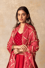 Red silk lehenga, blouse & gaji rai bandhej dupatta