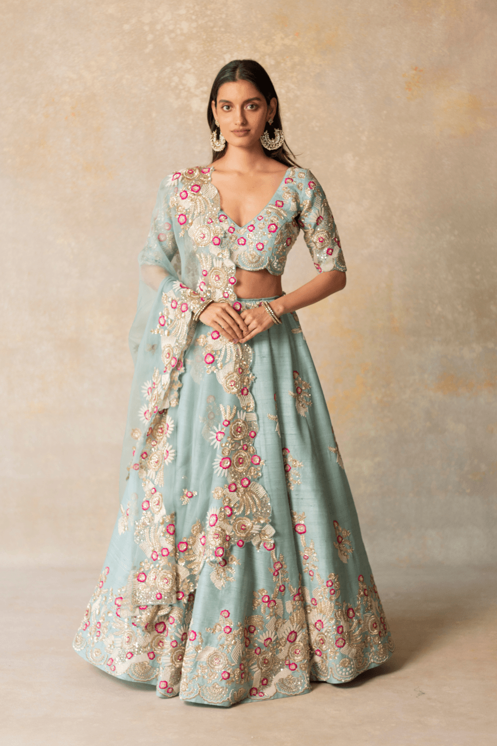 Powder blue silk lehenga with organza dupatta