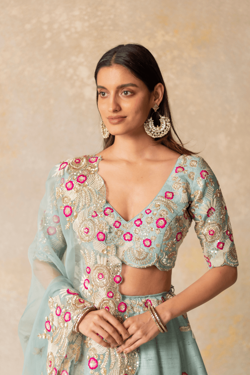 Powder blue silk lehenga with organza dupatta