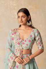 Powder blue silk lehenga with organza dupatta