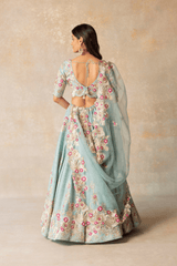 Powder blue silk lehenga with organza dupatta