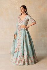Powder blue silk lehenga with organza dupatta