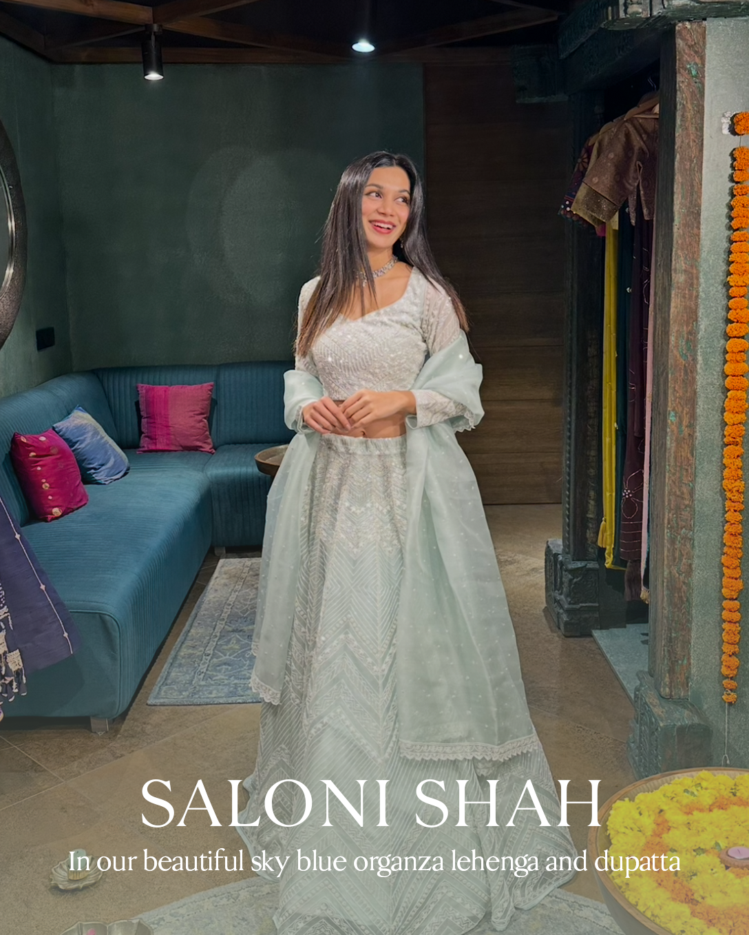 Sky Blue Organza Lehenga with Dupatta