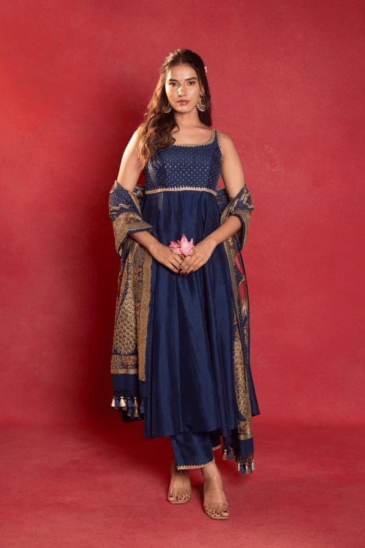 Royal blue silk anarkali set