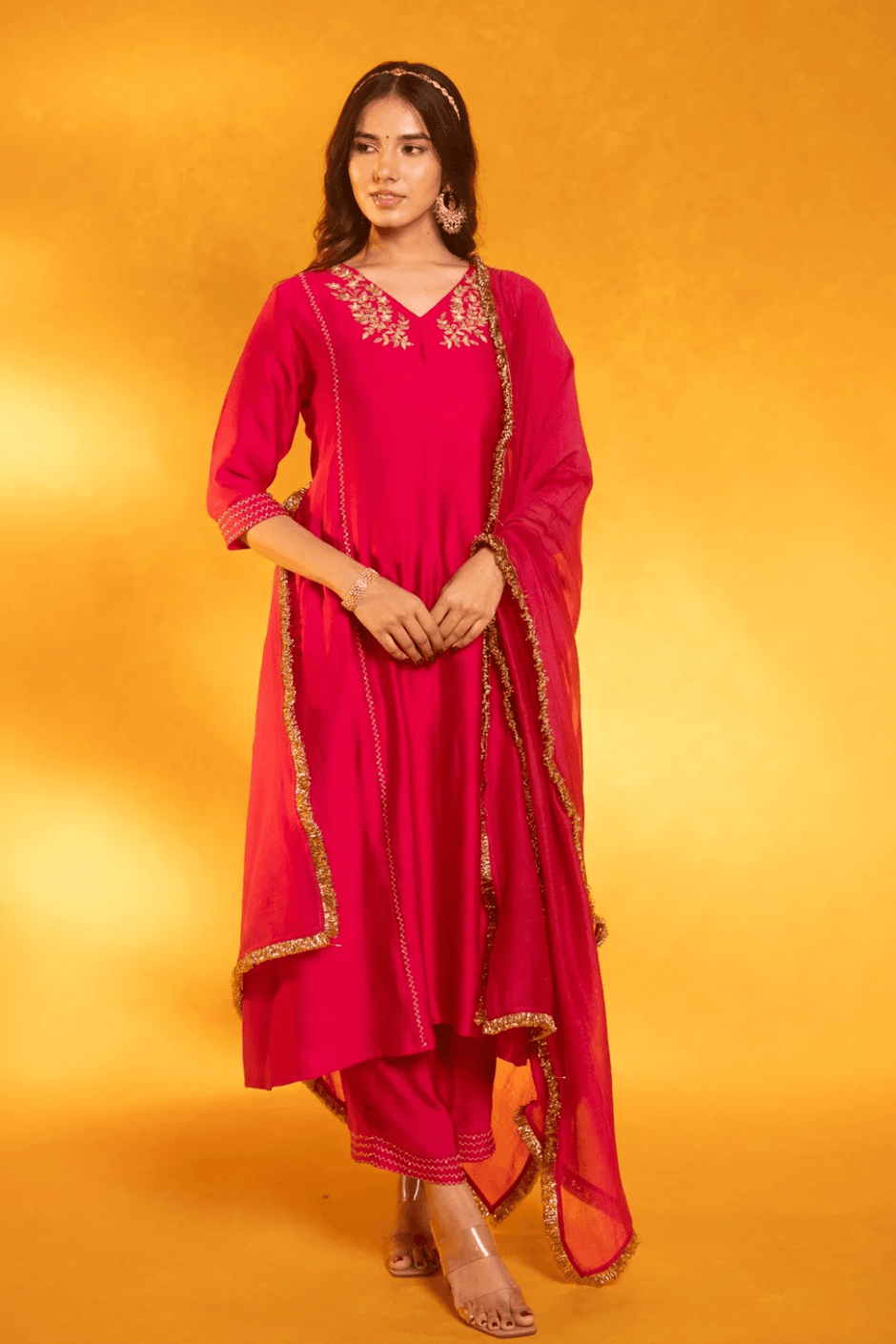 Off-White Silk Dress with Orange Bandhej Dupatta