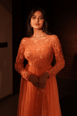 Orange net anarkali set