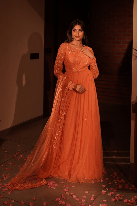 Orange net anarkali set