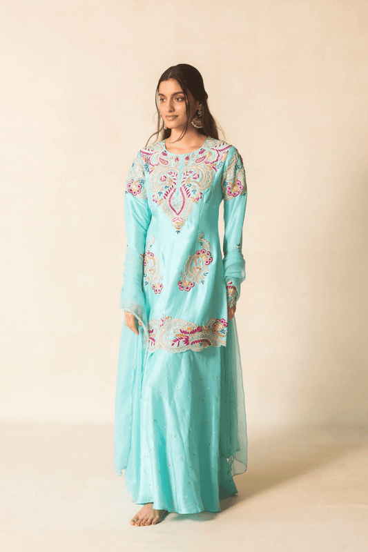 Sea green  kurti and palazzo with dupatta